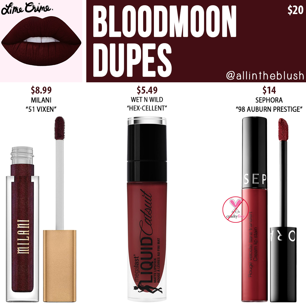 Lime Crime Bloodmoon Velvetine Liquid Lipstick Dupes