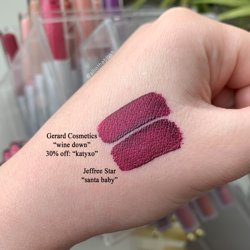 Jeffree Star Santa Baby Velour Liquid Lipstick Dupes: Gerard Cosmetics Wine Down