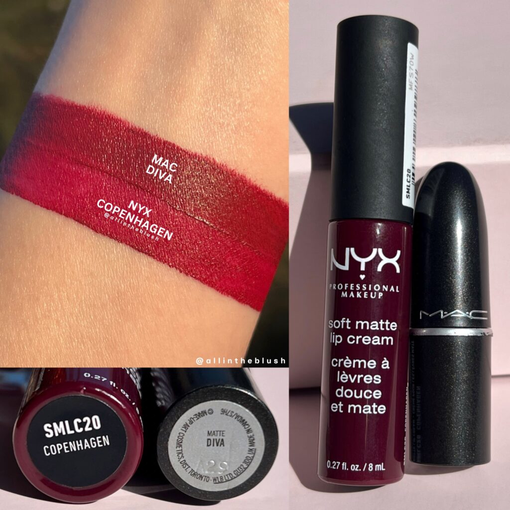 Mac diva and NYX Copenhagen lipstick swatch comparisons