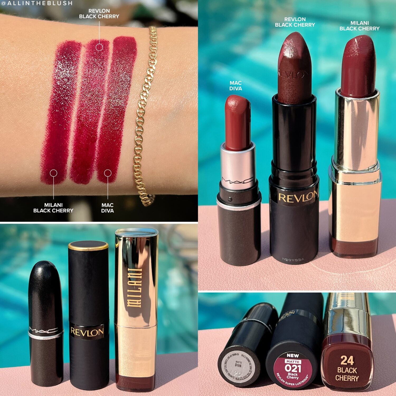 Comparing MAC Diva to Revlon & Milani Black Cherry MAC Diva Lipstick Dupes