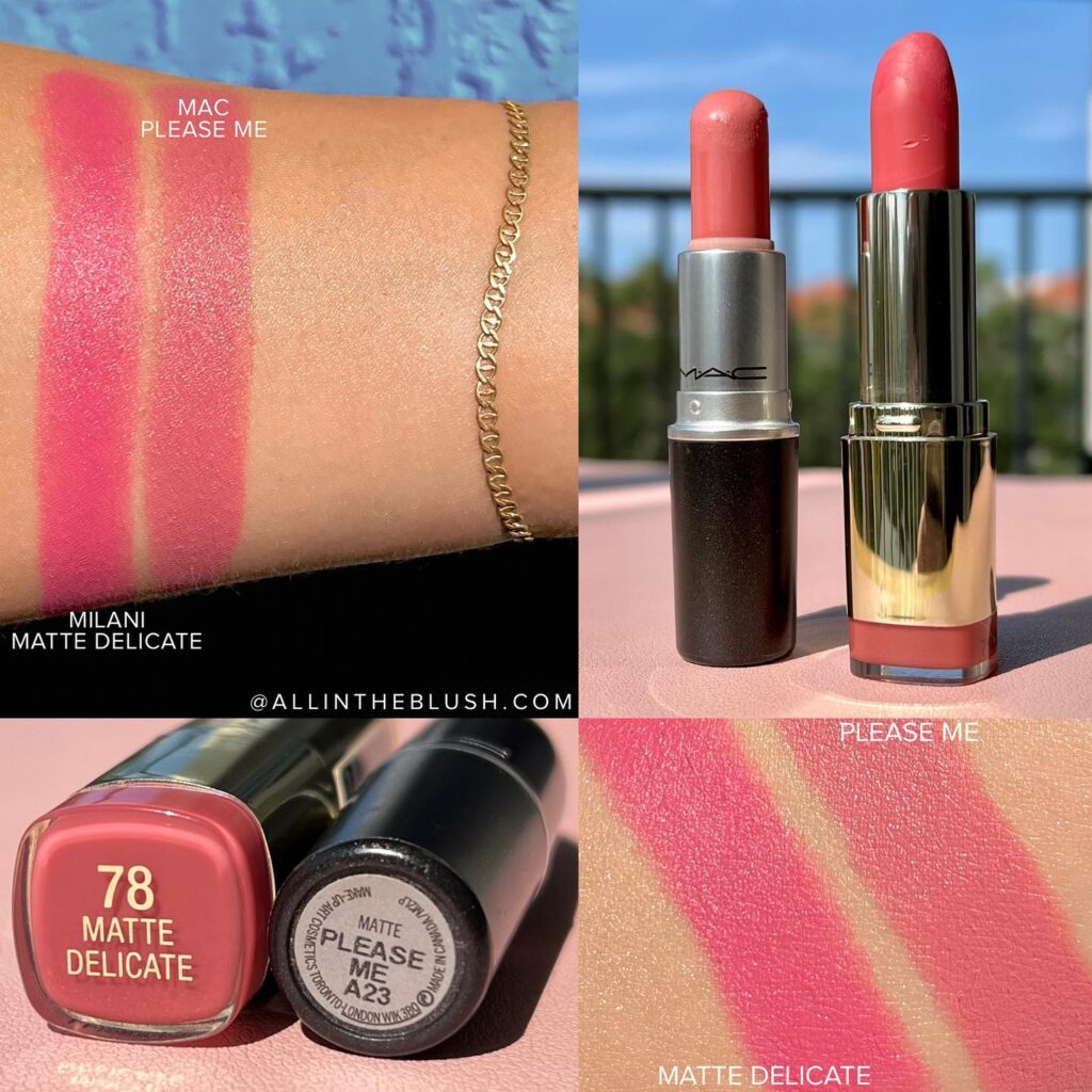 mac please me and milani matte delicate lipstick color match dupe