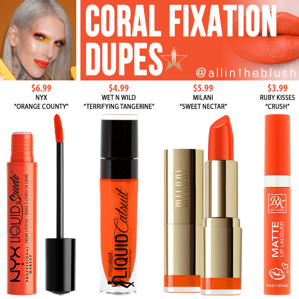 Jeffree Star Coral Fixation Velour Liquid Lipstick Dupes