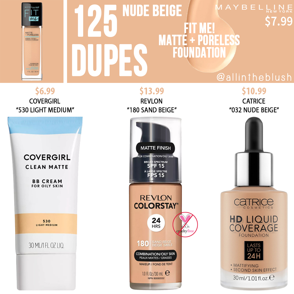 Maybelline 125 Nude Beige Fit Me Matte Poreless Foundation Dupes All In The Blush