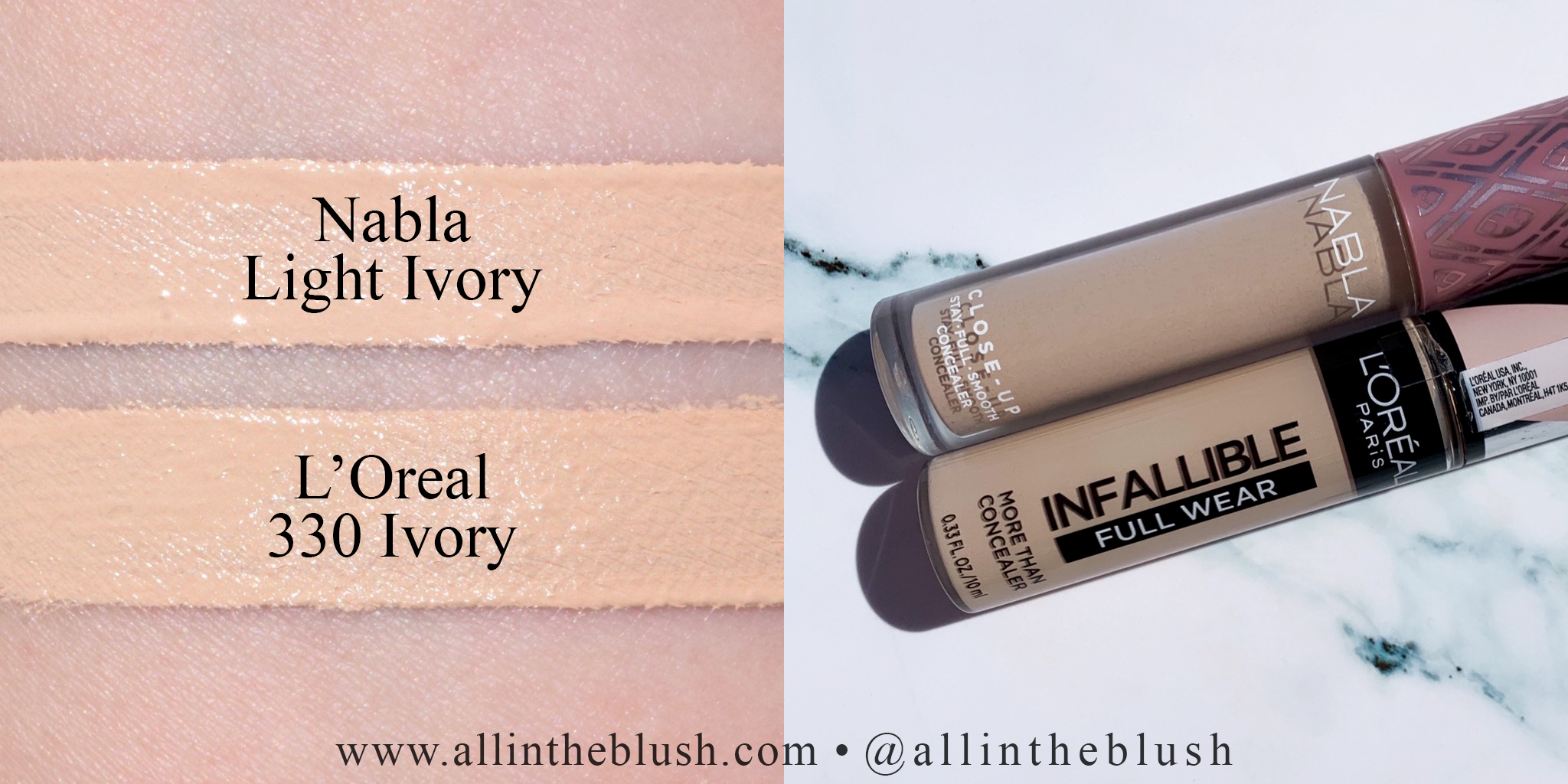 Swatch - Nabla Cosmetics Light Ivory Concealer and L'Oreal 330 Ivory Concealer