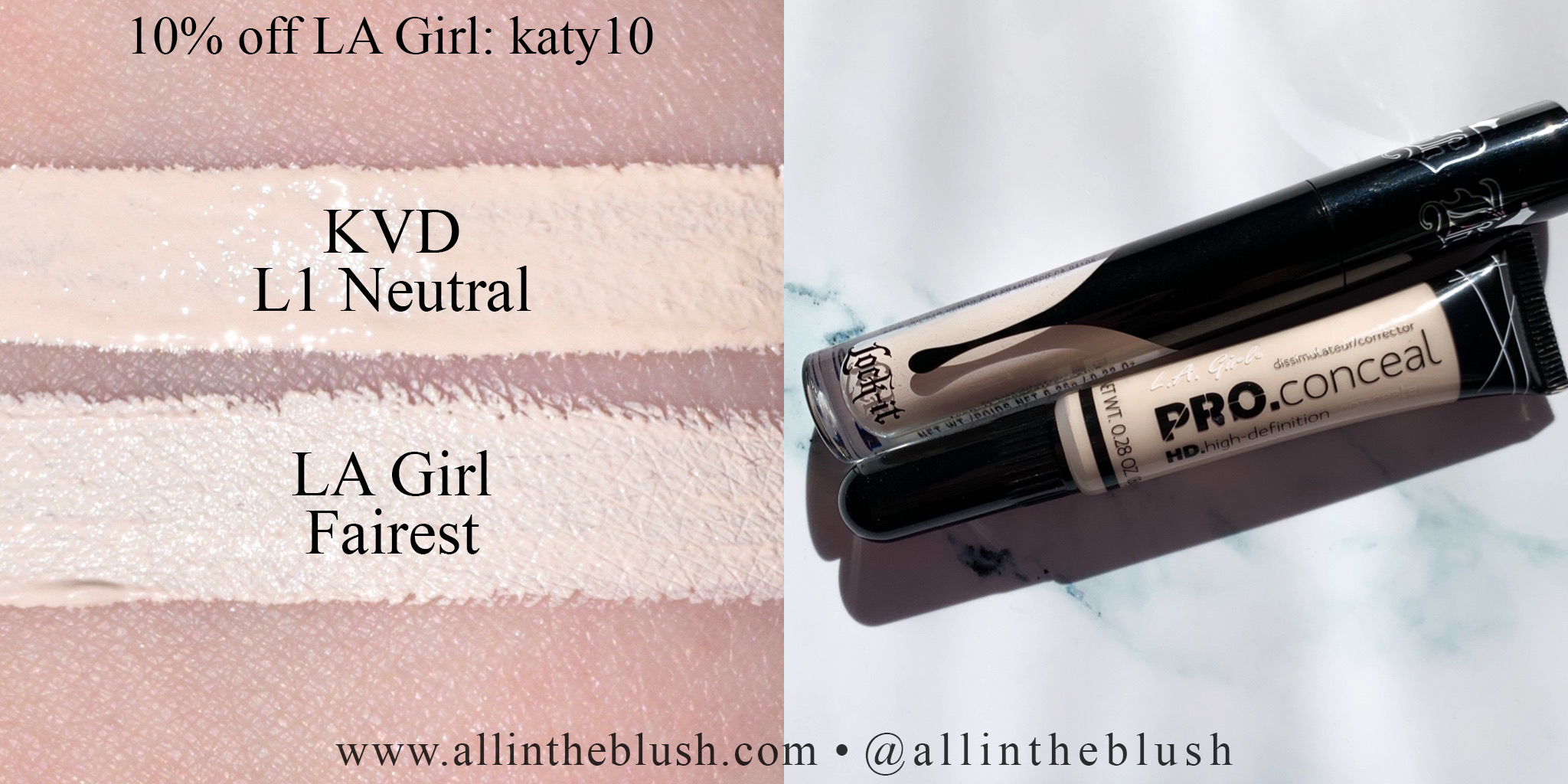 Swatch - LA Girl HD Pro.Conceal Fairest and KVD Lock-It Concealer Crème L1 Neutral