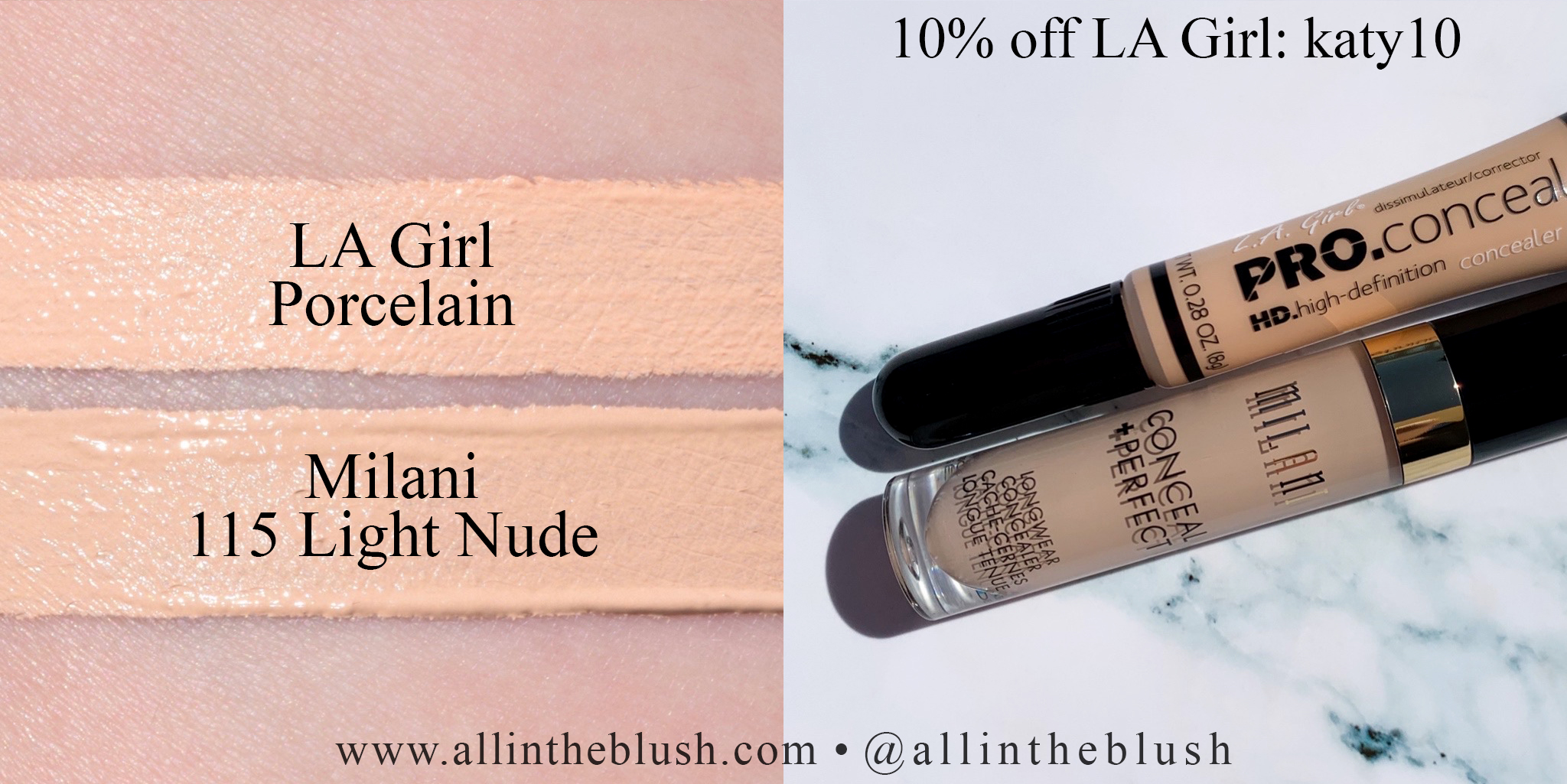 Swatch - Milani Conceal + Perfect Longwear Concealer 115 Light Nude and LA Girl HD Pro.Conceal Porcelain width=