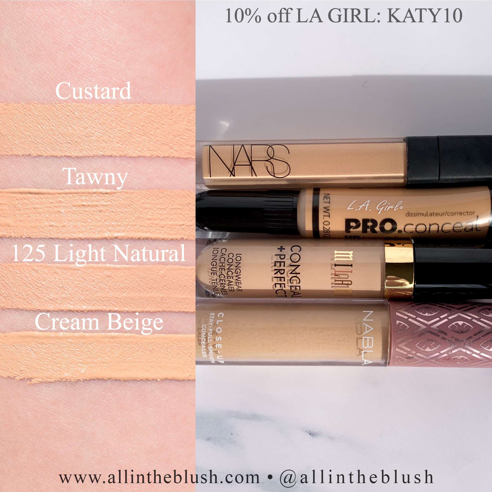 Swatch - Milani Conceal + Perfect Longwear Concealer 110 Nude Ivory and KVD Lock-It Concealer Crème L1 Neutral