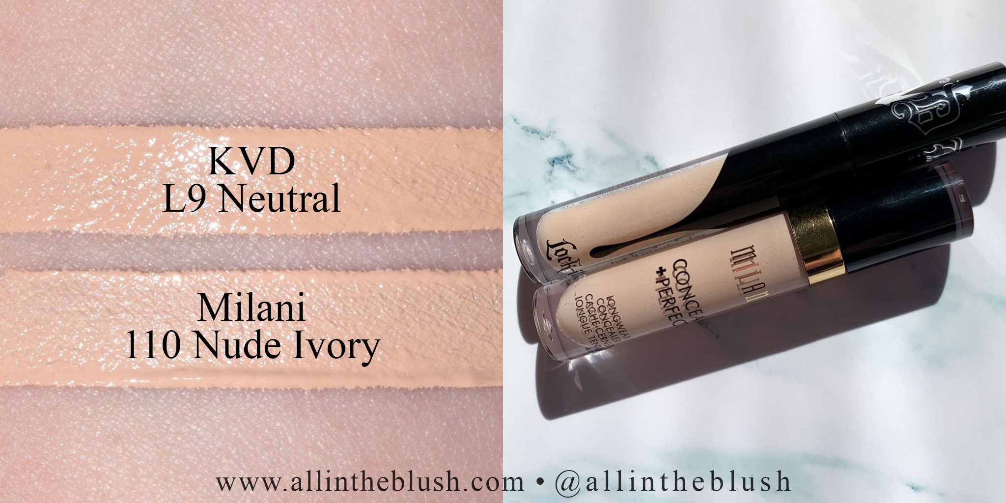 Swatch - Milani Conceal + Perfect Longwear Concealer 110 Nude Ivory and KVD Lock-It Concealer Crème L1 Neutral
