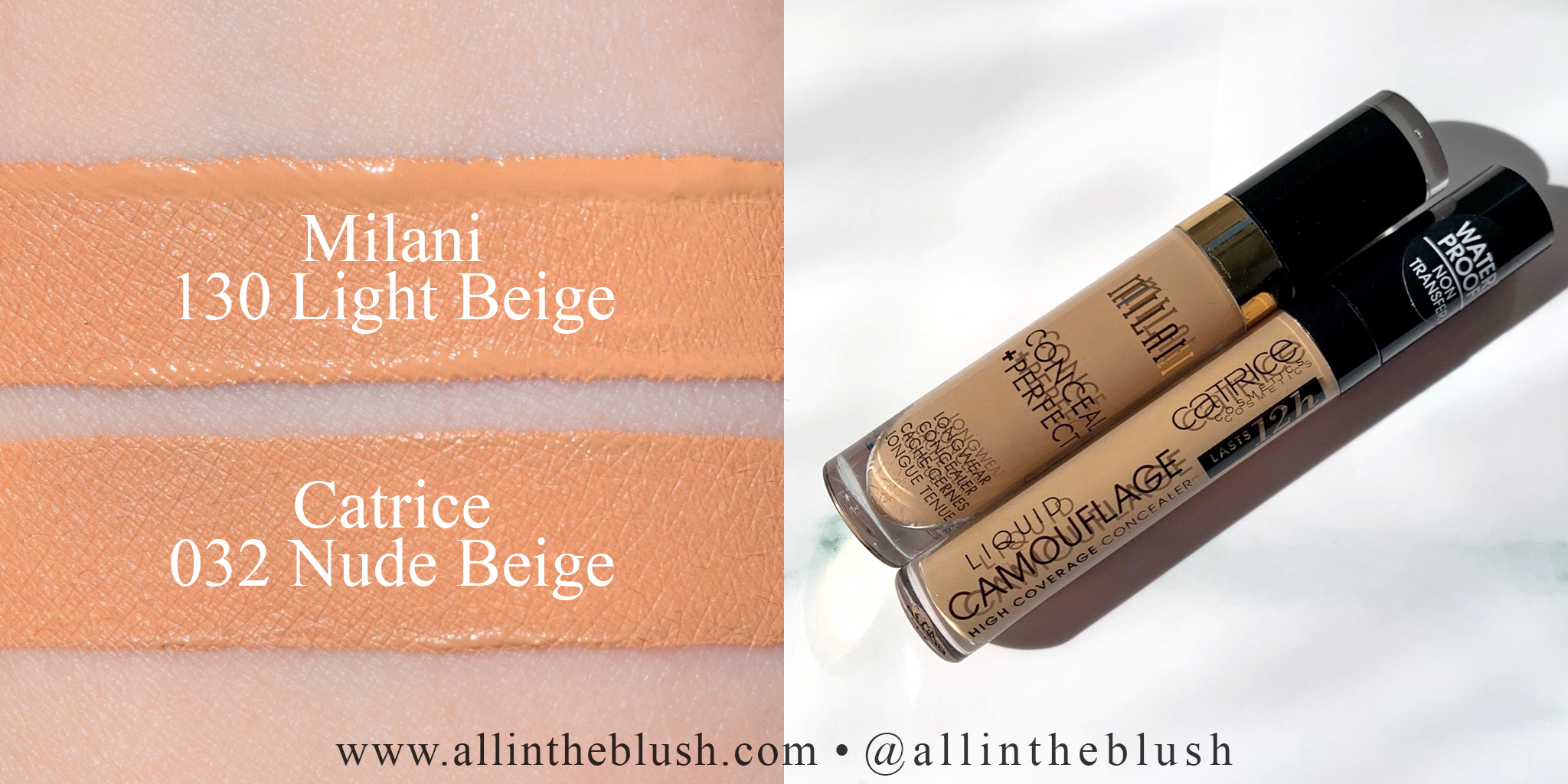 Swatch - Milani Conceal + Perfect Longwear Concealer 130 Light Beige and Catrice 032 Nude Beige Liquid Camouflage Concealer