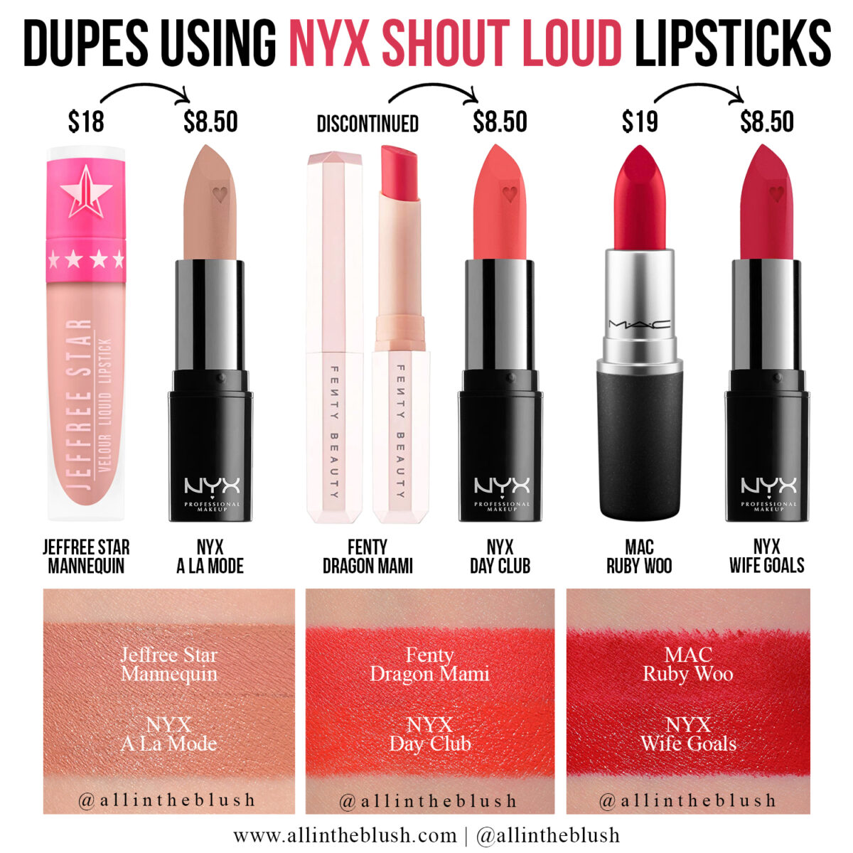 Dupes using the NYX Shout Loud Lipsticks