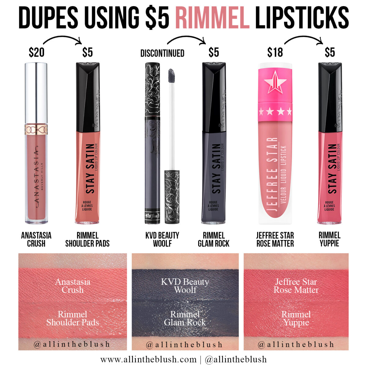 Dupes using $5 Rimmel Stay Satin Liquid Lip Colours