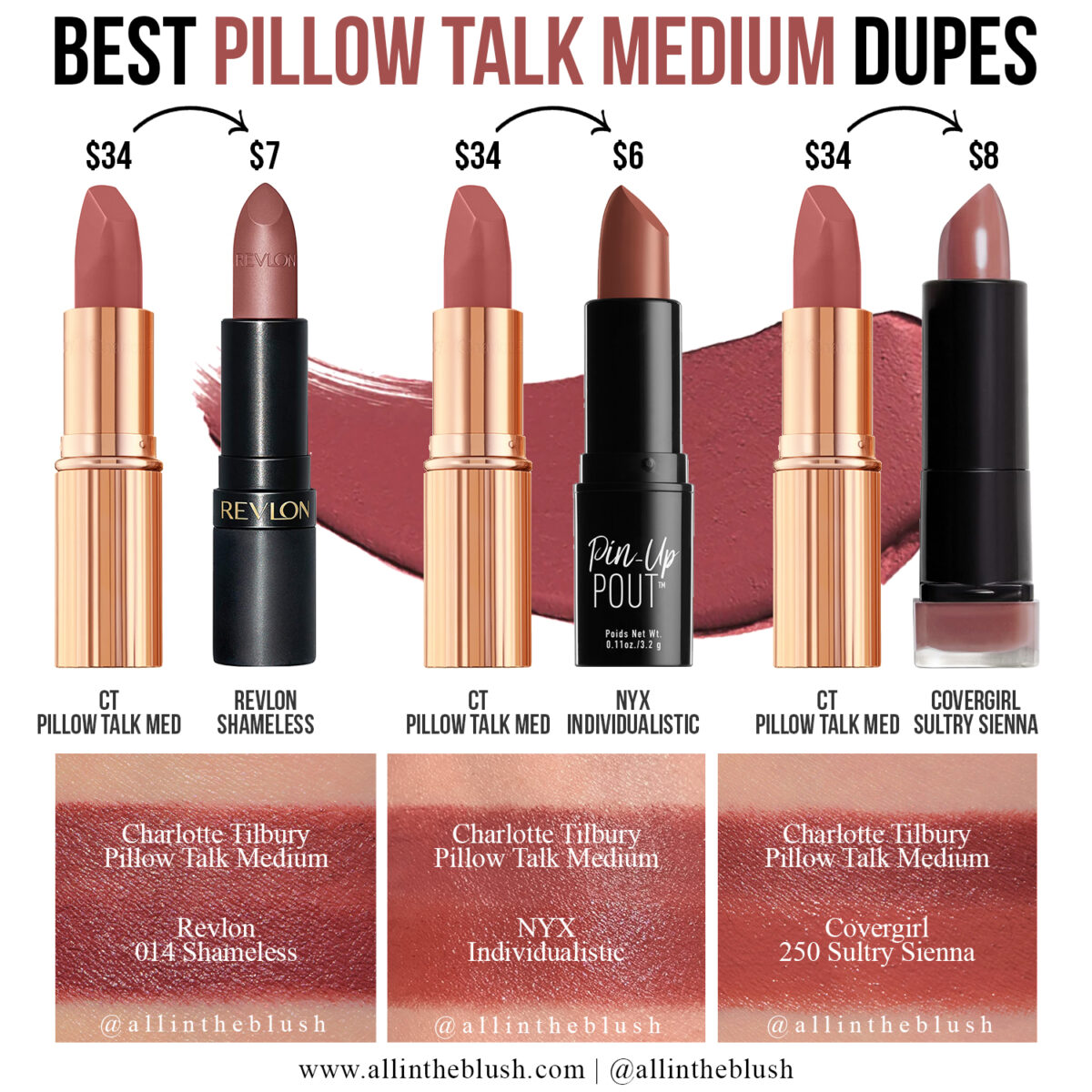 Affordable Charlotte Tilbury Pillow Talk Medium Lipstick Dupes on Amazon