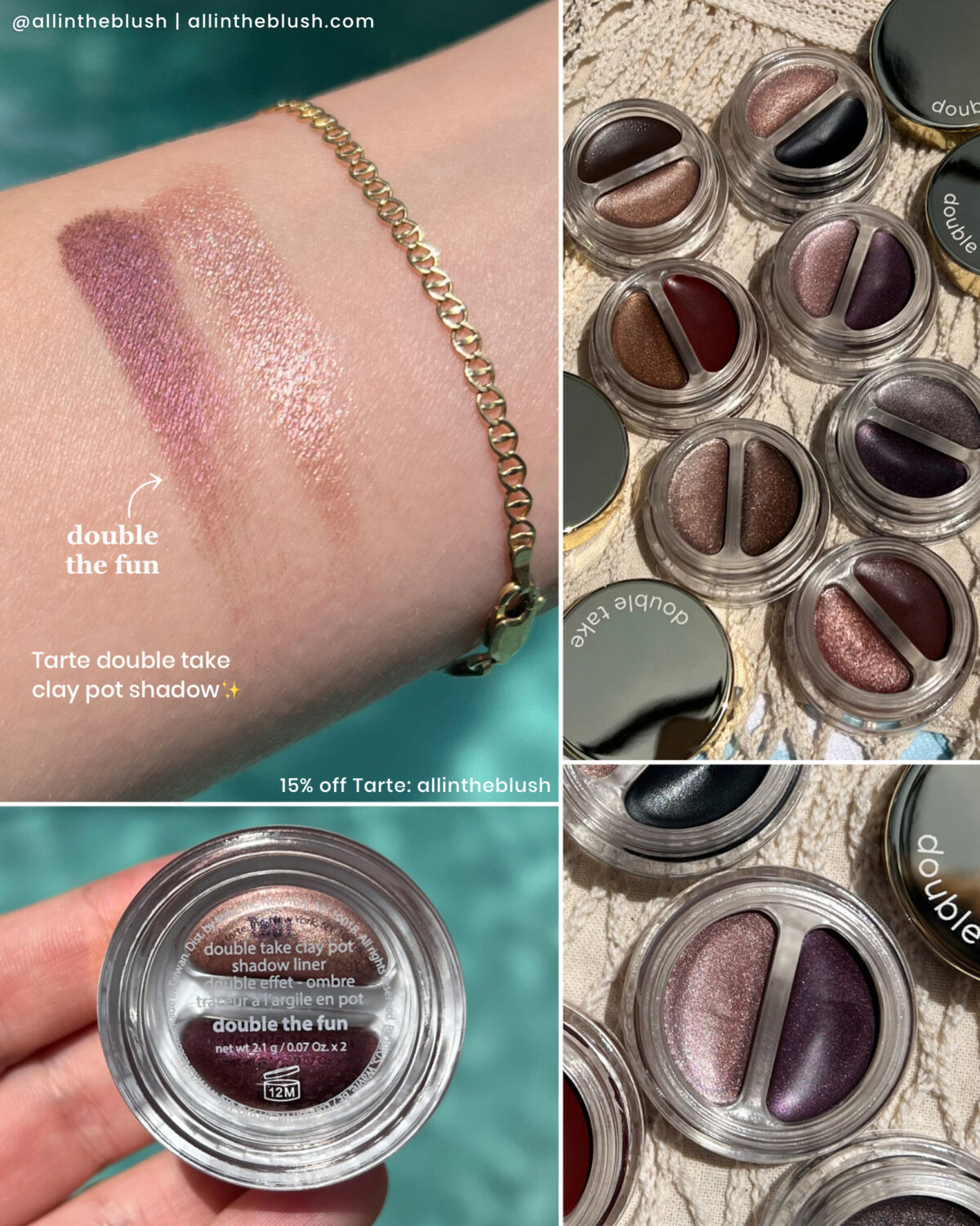 Swatching Tarte’s Double Take Clay Pot Shadow Liner in Double the Fun