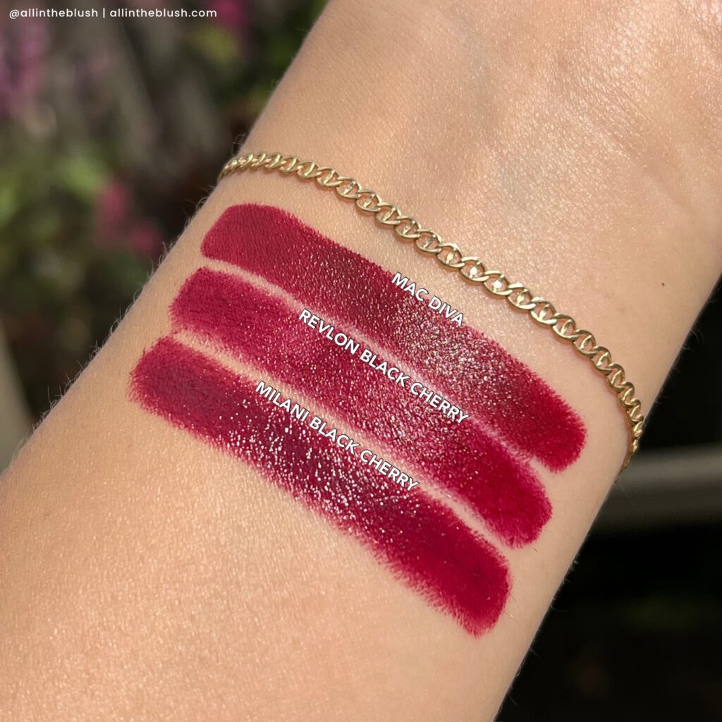 Comparing MAC Diva to Revlon Black Cherry & Milani Black Cherry swatch comparisons