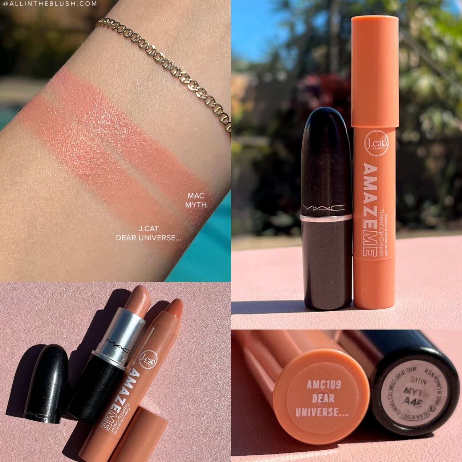 Mac myth and j.cat beauty dear universe… lip crayon swatches