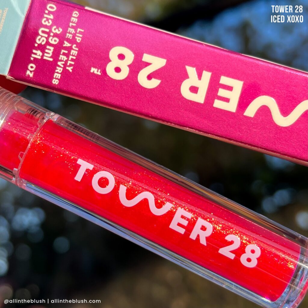 Swatching Tower 28 ShineOn Lip Jelly Lip Oil in Iced XOXO