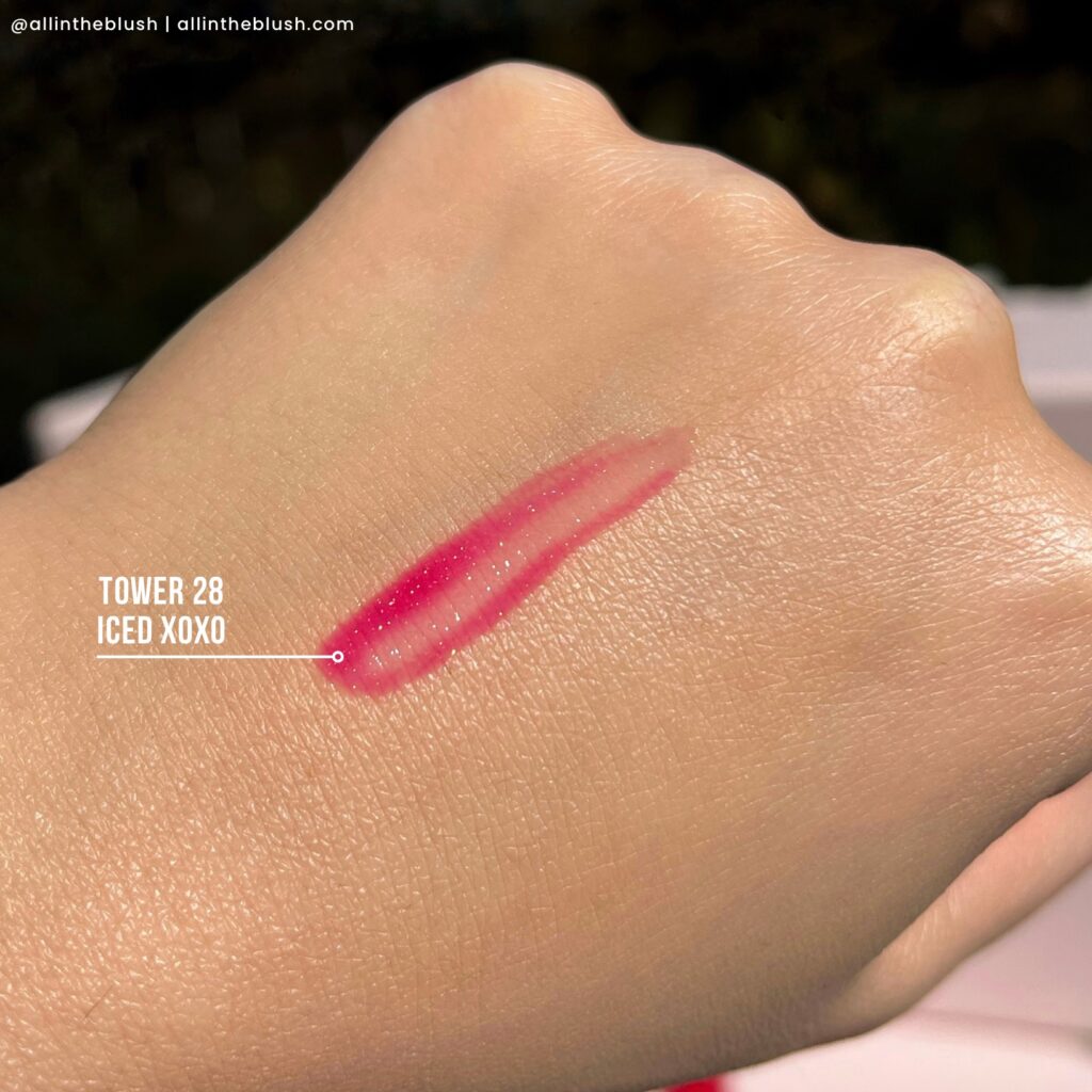 Swatching Tower 28 ShineOn Lip Jelly Lip Oil in Iced XOXO
