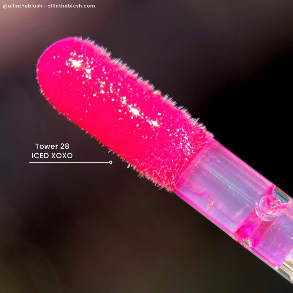 Swatching Tower 28 ShineOn Lip Jelly Lip Oil in Iced XOXO